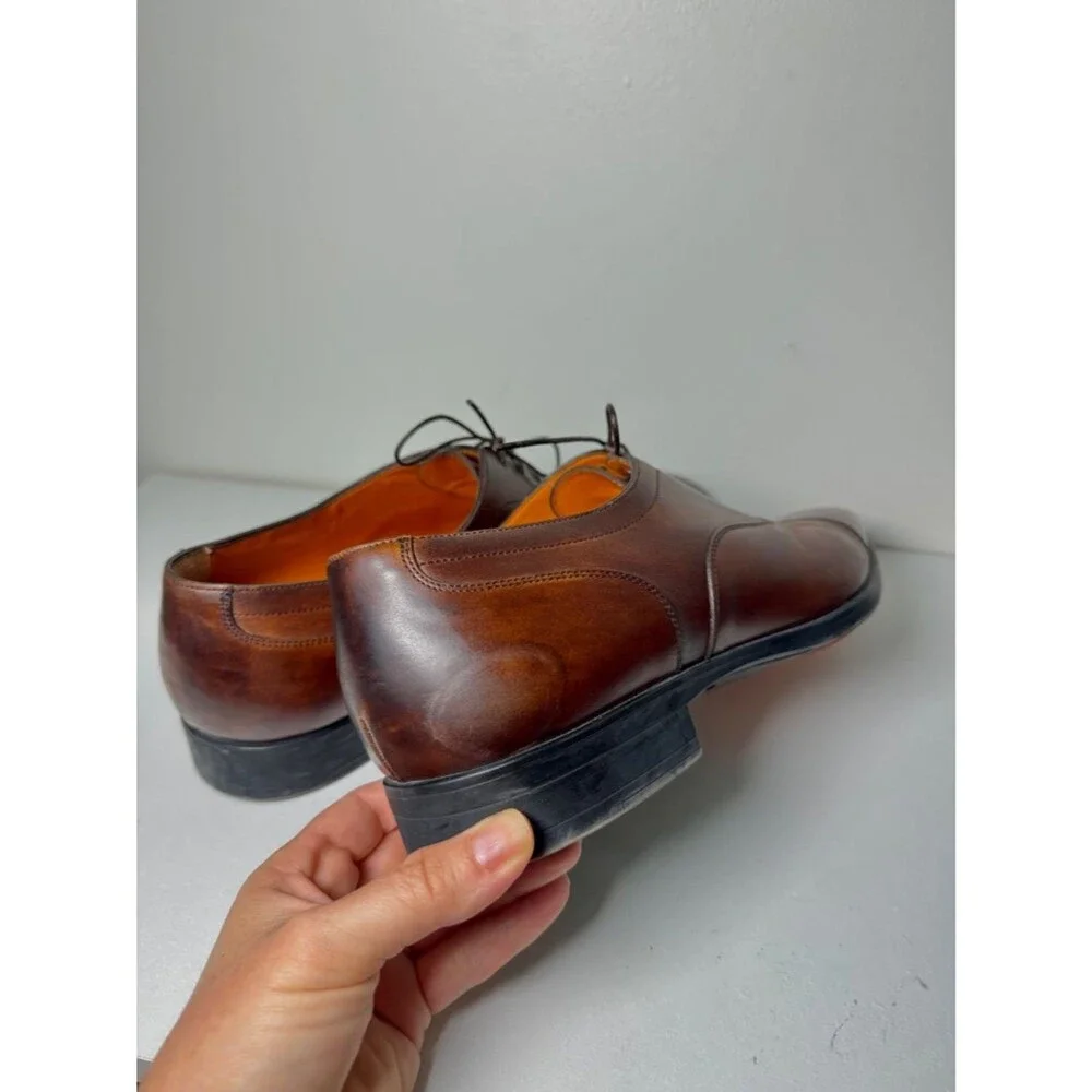 Santoni Men's Brown Leather Cap Toe Oxford Dress Shoes Made in Italy Size 10